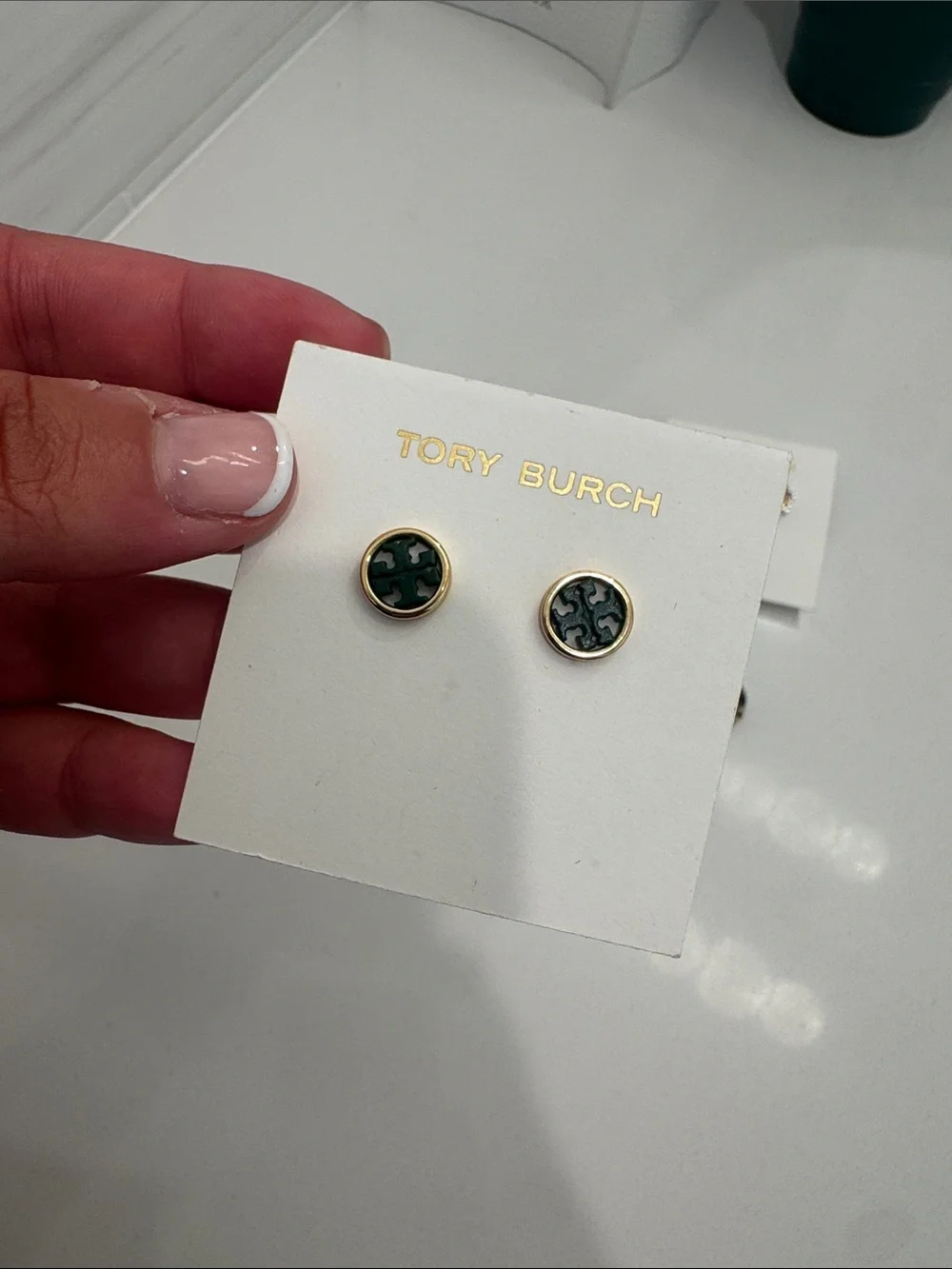 Tory Burch Gold-Trim Logo Stud Earrings in Black and Green